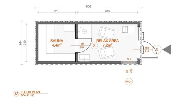 Saunacontainer von 15 m² mit „schlüsselfertigem“ Ruhebereich
