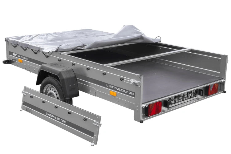 PKW Anhänger 264x150 UNITRAILER GARDEN 265 KIPP mit Flachplanenträger und grauer Plane