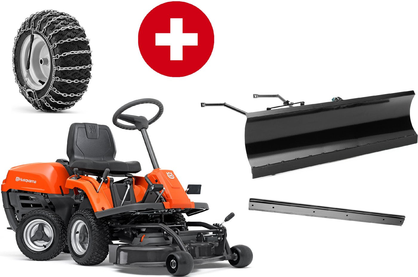 Husqvarna Frontmäher R 112C mit Mähdeck Combi 85 - Winterpaket mit Schneeschild, Gummileiste und Schneeketten - Modell 2025