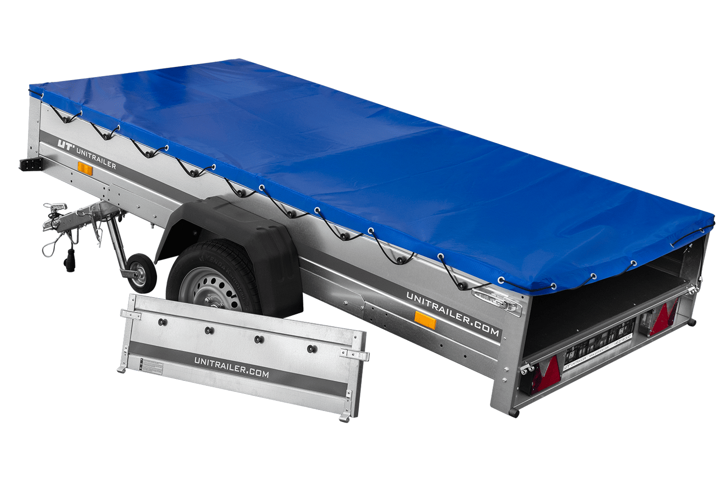 EINACHS-TIEFLADER GARDEN TRAILER 264 KIPP MIT STÜTZRAD, QUERSTREBEN UND BLAUER FLACHPLANE