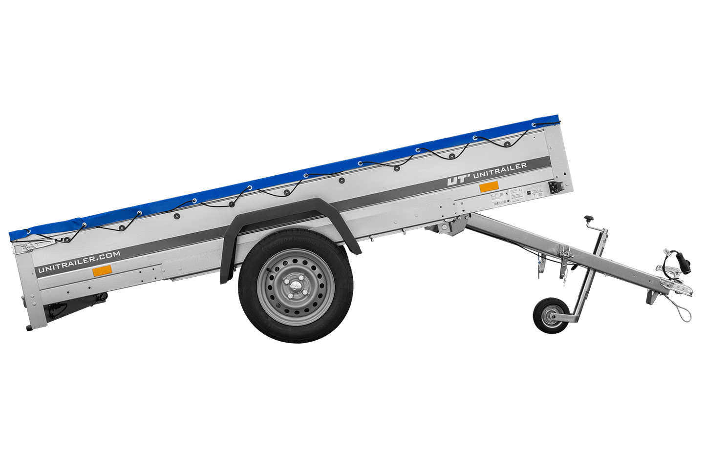 EINACHS-TIEFLADER GARDEN TRAILER 264 KIPP MIT STÜTZRAD, QUERSTREBEN UND BLAUER FLACHPLANE