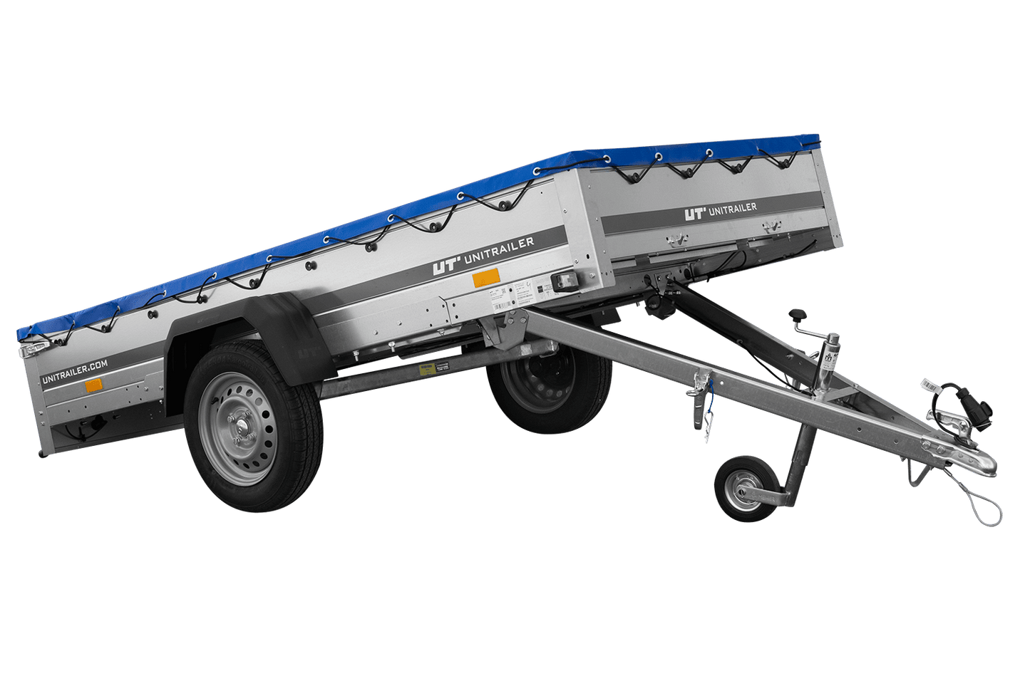 EINACHS-TIEFLADER GARDEN TRAILER 264 KIPP MIT STÜTZRAD, QUERSTREBEN UND BLAUER FLACHPLANE
