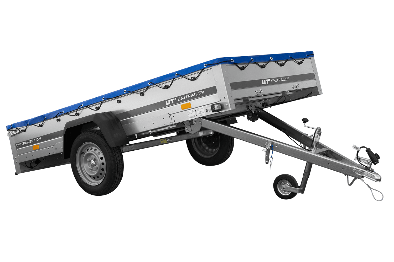EINACHS-TIEFLADER GARDEN TRAILER 264 KIPP MIT STÜTZRAD, QUERSTREBEN UND BLAUER FLACHPLANE