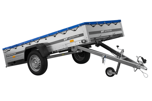 EINACHS-TIEFLADER GARDEN TRAILER 264 KIPP MIT STÜTZRAD, QUERSTREBEN UND BLAUER FLACHPLANE