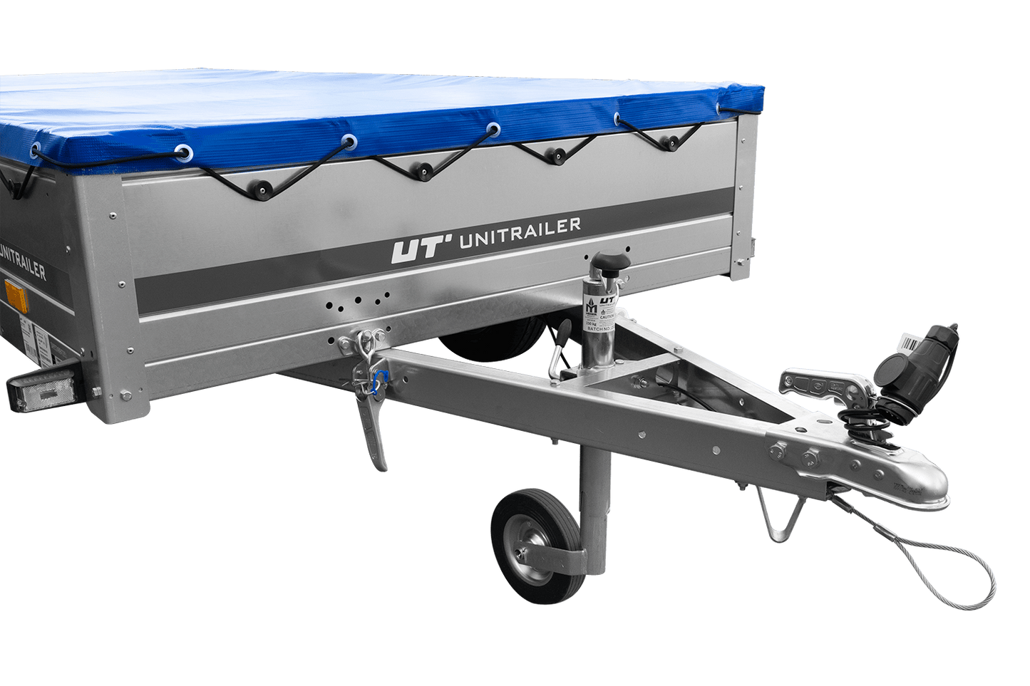 EINACHS-TIEFLADER GARDEN TRAILER 264 KIPP MIT STÜTZRAD, QUERSTREBEN UND BLAUER FLACHPLANE