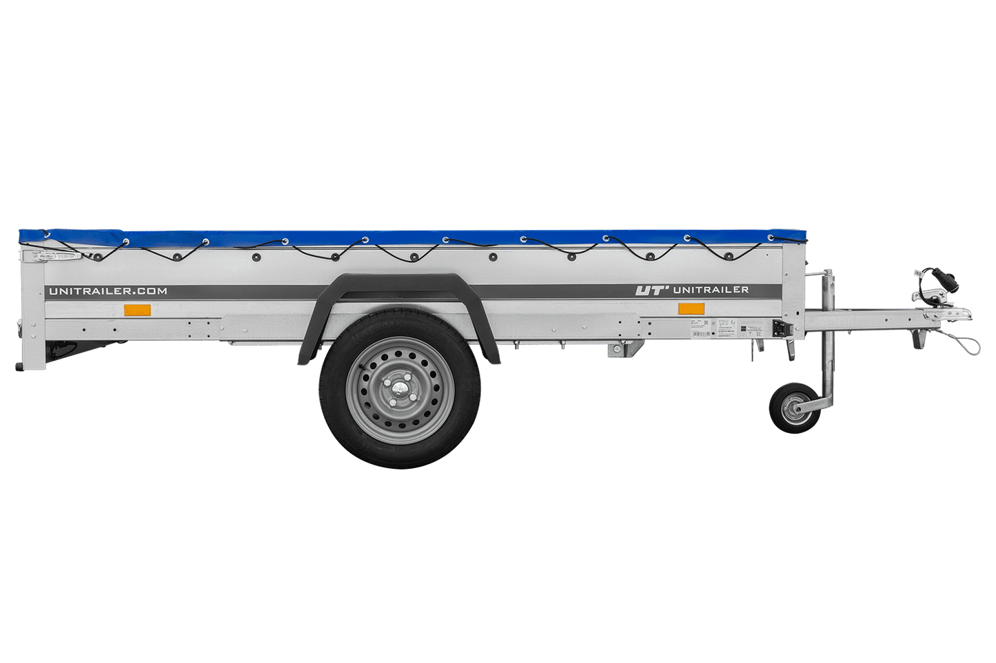 EINACHS-TIEFLADER GARDEN TRAILER 264 KIPP MIT STÜTZRAD, QUERSTREBEN UND BLAUER FLACHPLANE