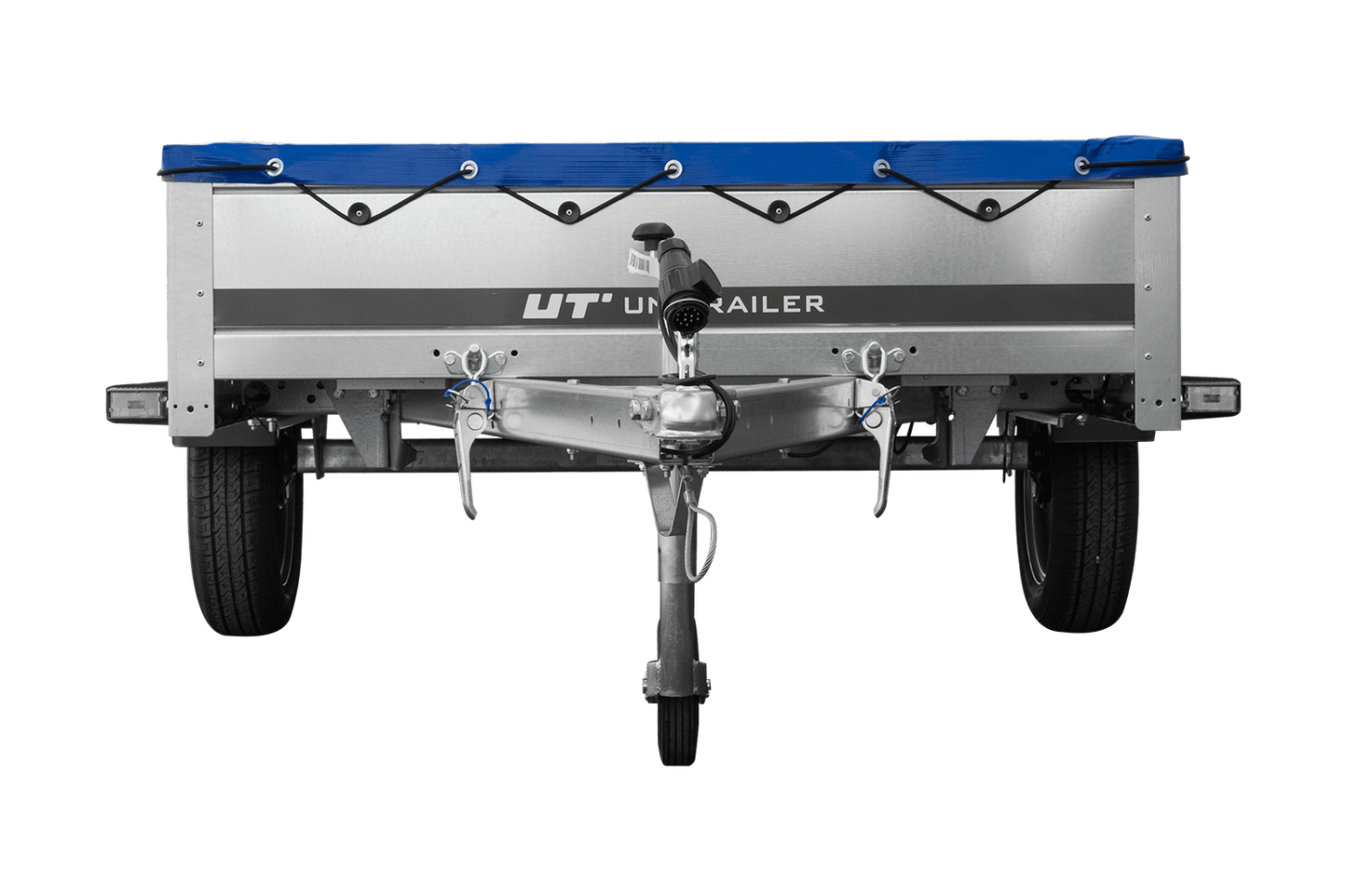 EINACHS-TIEFLADER GARDEN TRAILER 264 KIPP MIT STÜTZRAD, QUERSTREBEN UND BLAUER FLACHPLANE