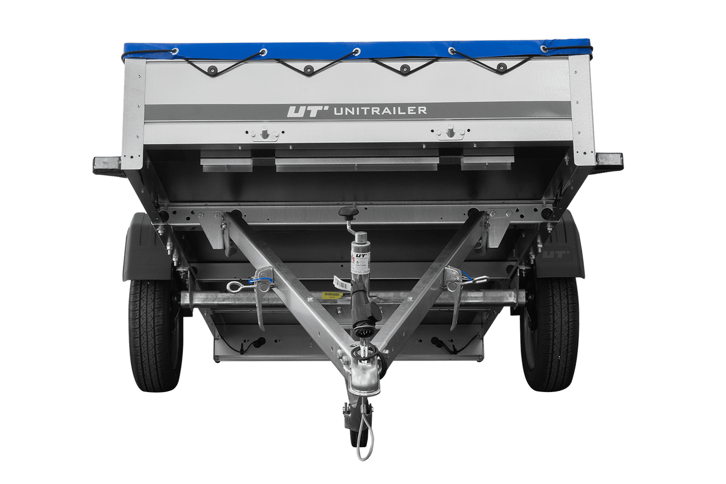 EINACHS-TIEFLADER GARDEN TRAILER 264 KIPP MIT STÜTZRAD, QUERSTREBEN UND BLAUER FLACHPLANE