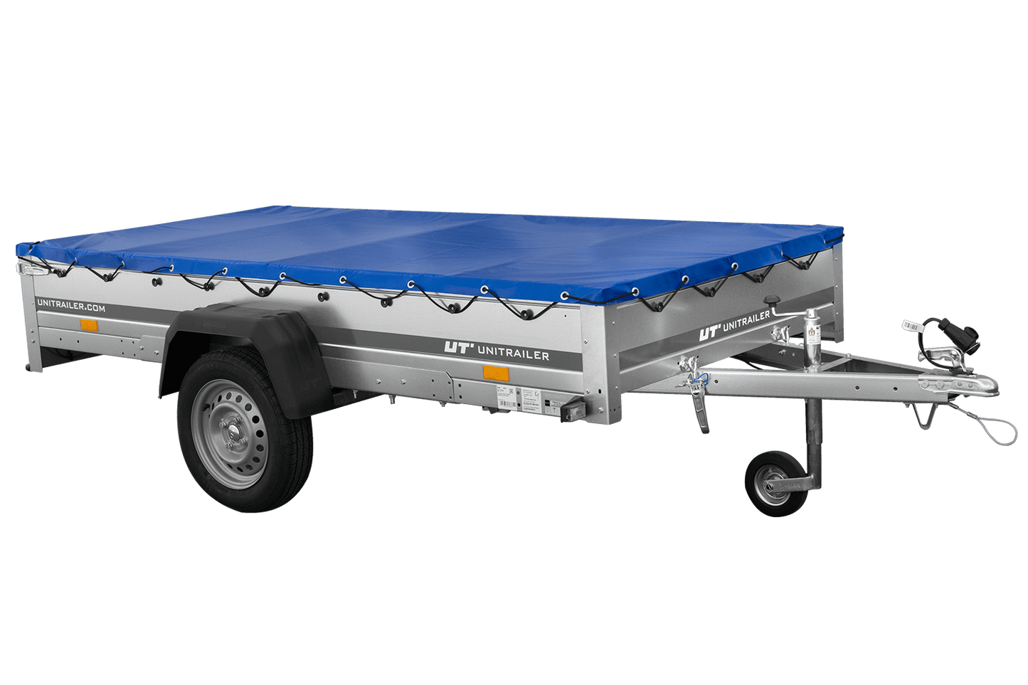 EINACHS-TIEFLADER GARDEN TRAILER 264 KIPP MIT STÜTZRAD, QUERSTREBEN UND BLAUER FLACHPLANE