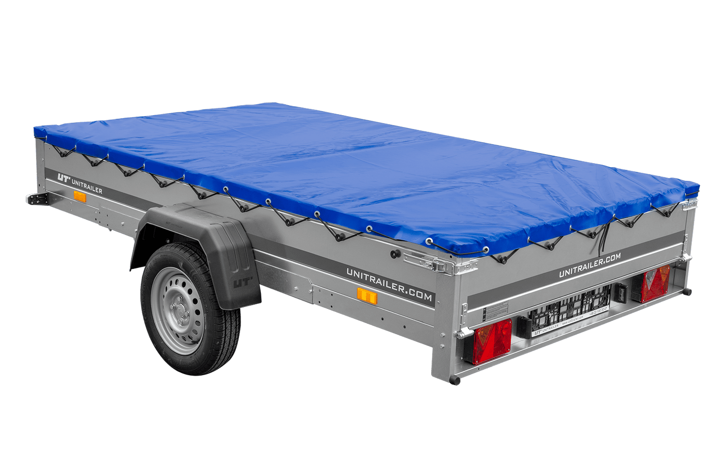 Einachsanhänger 264x150 UNITRAILER GARDEN 265 KIPP mit einem Flachplanenträger und blauer Plane