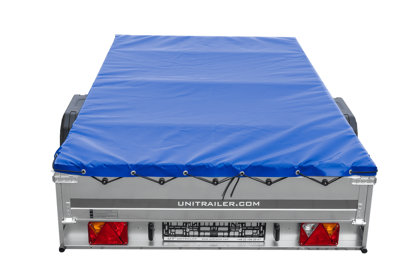 Einachsanhänger 264x150 UNITRAILER GARDEN 265 KIPP mit einem Flachplanenträger und blauer Plane