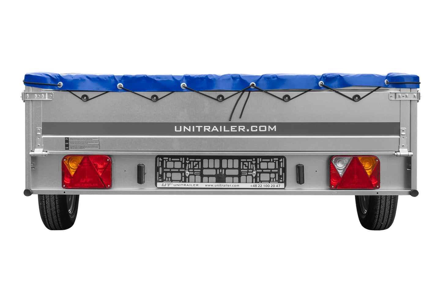 Einachsanhänger 264x150 UNITRAILER GARDEN 265 KIPP mit einem Flachplanenträger und blauer Plane