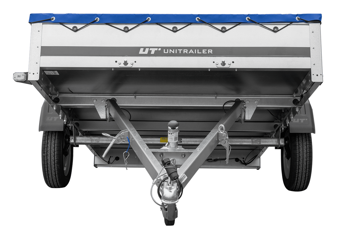 Einachsanhänger 264x150 UNITRAILER GARDEN 265 KIPP mit einem Flachplanenträger und blauer Plane