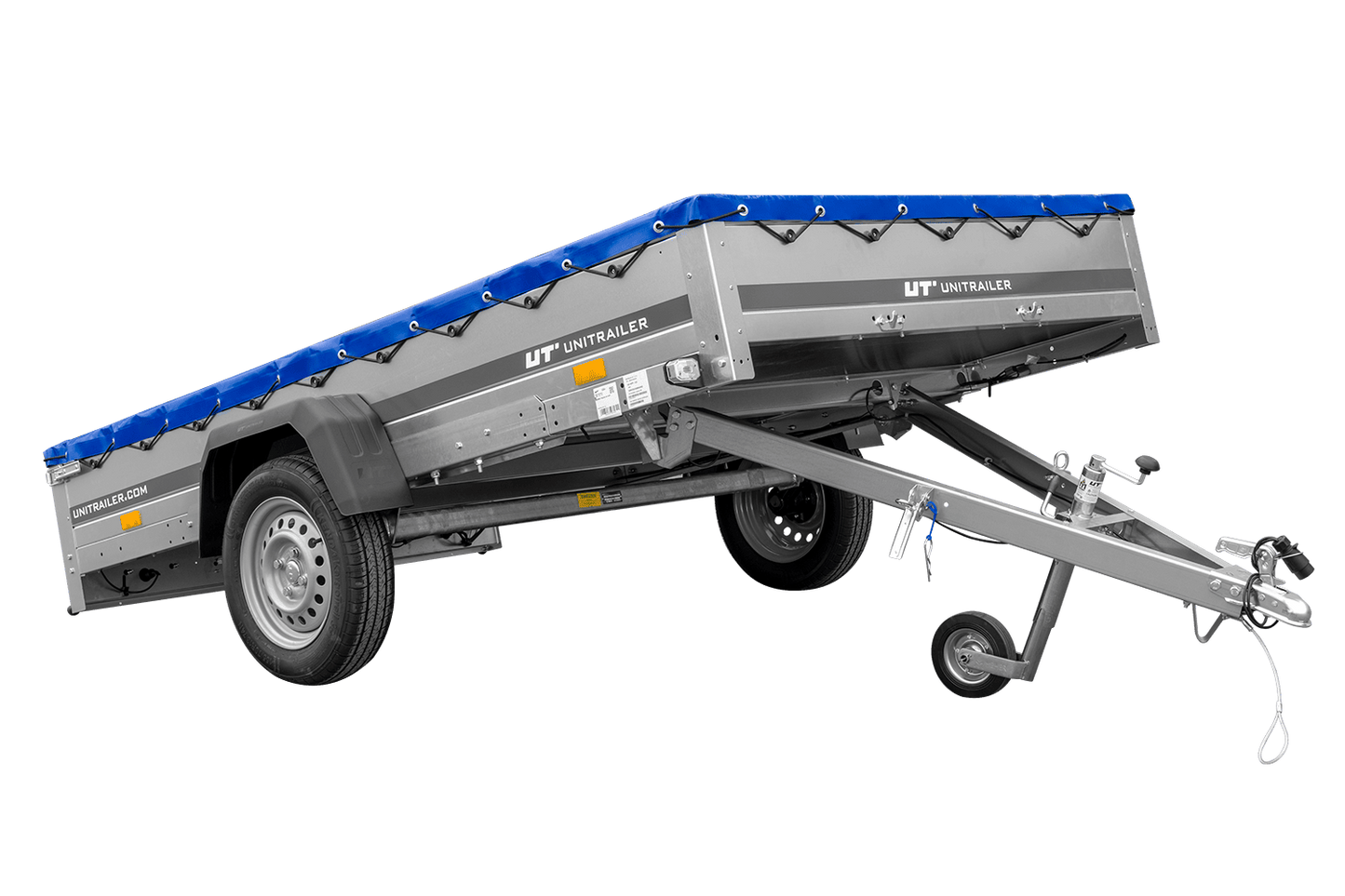 Einachsanhänger 264x150 UNITRAILER GARDEN 265 KIPP mit einem Flachplanenträger und blauer Plane