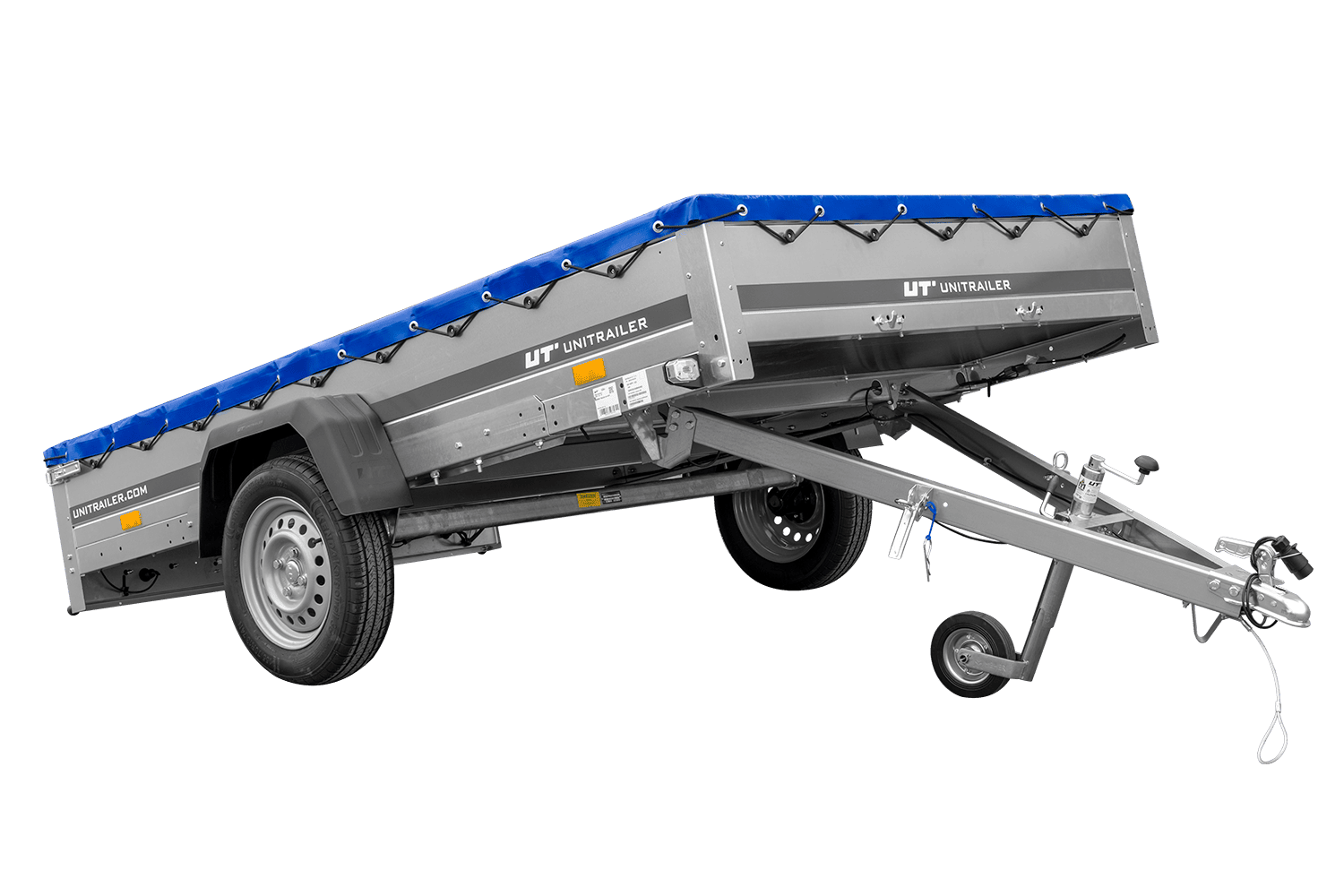 Einachsanhänger 264x150 UNITRAILER GARDEN 265 KIPP mit einem Flachplanenträger und blauer Plane