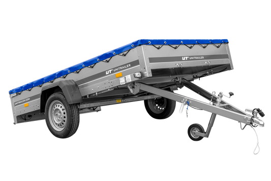 Einachsanhänger 264x150 UNITRAILER GARDEN 265 KIPP mit einem Flachplanenträger und blauer Plane