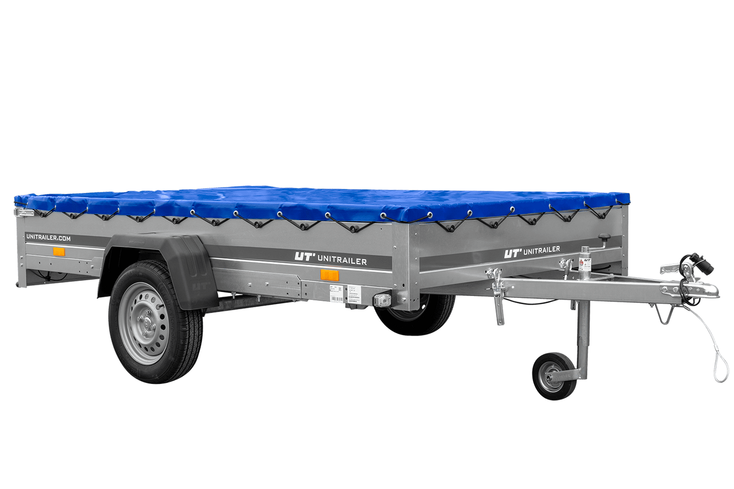 Einachsanhänger 264x150 UNITRAILER GARDEN 265 KIPP mit einem Flachplanenträger und blauer Plane