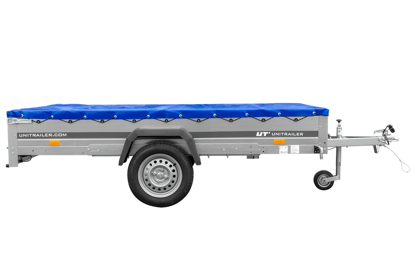 Einachsanhänger 264x150 UNITRAILER GARDEN 265 KIPP mit einem Flachplanenträger und blauer Plane