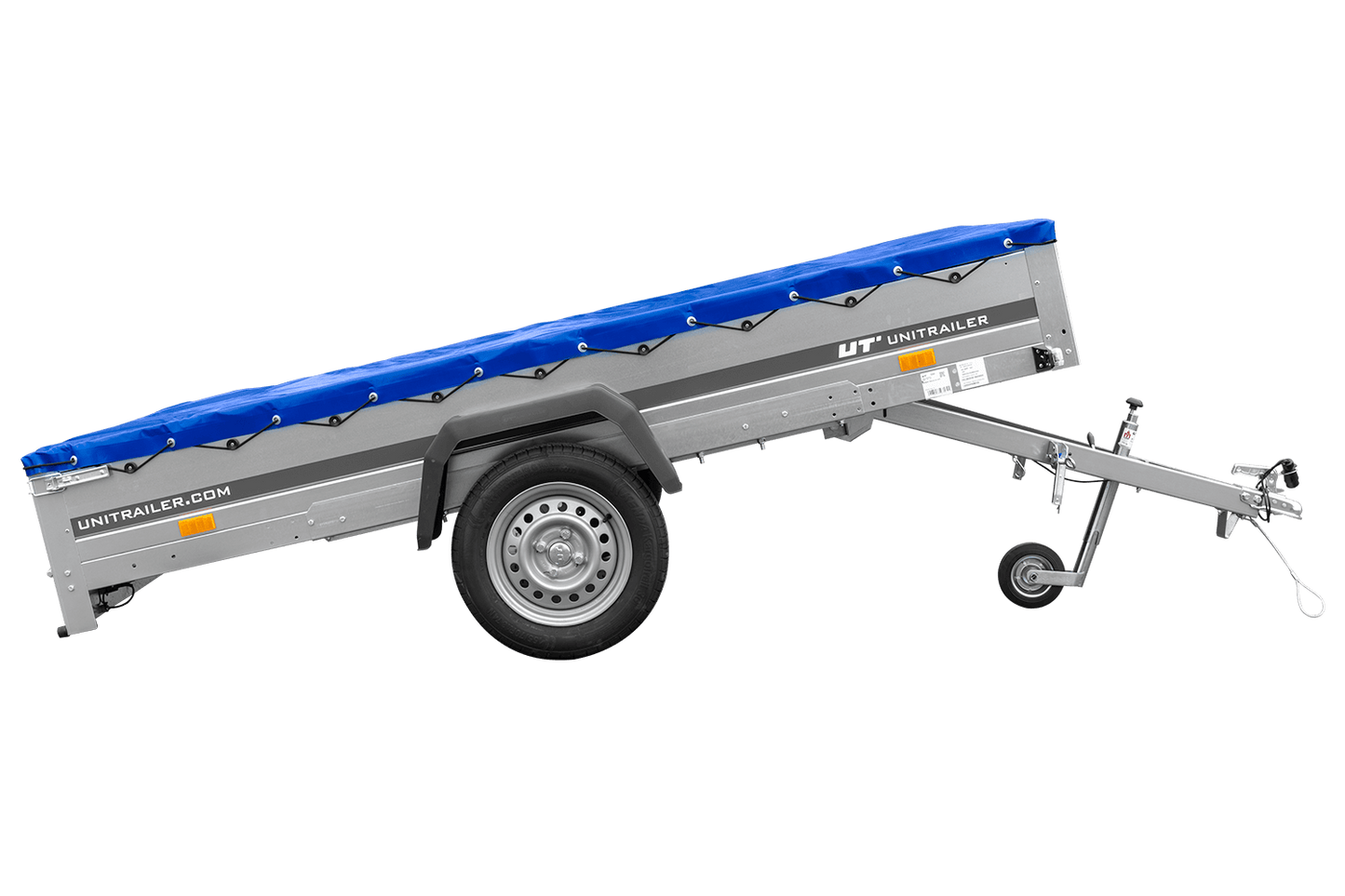 Einachsanhänger 264x150 UNITRAILER GARDEN 265 KIPP mit einem Flachplanenträger und blauer Plane
