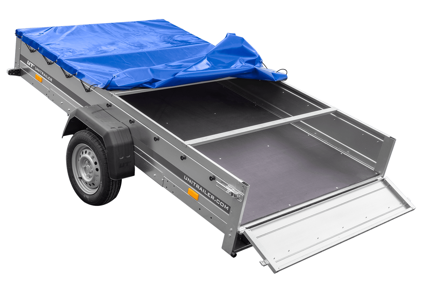 Einachsanhänger 264x150 UNITRAILER GARDEN 265 KIPP mit einem Flachplanenträger und blauer Plane