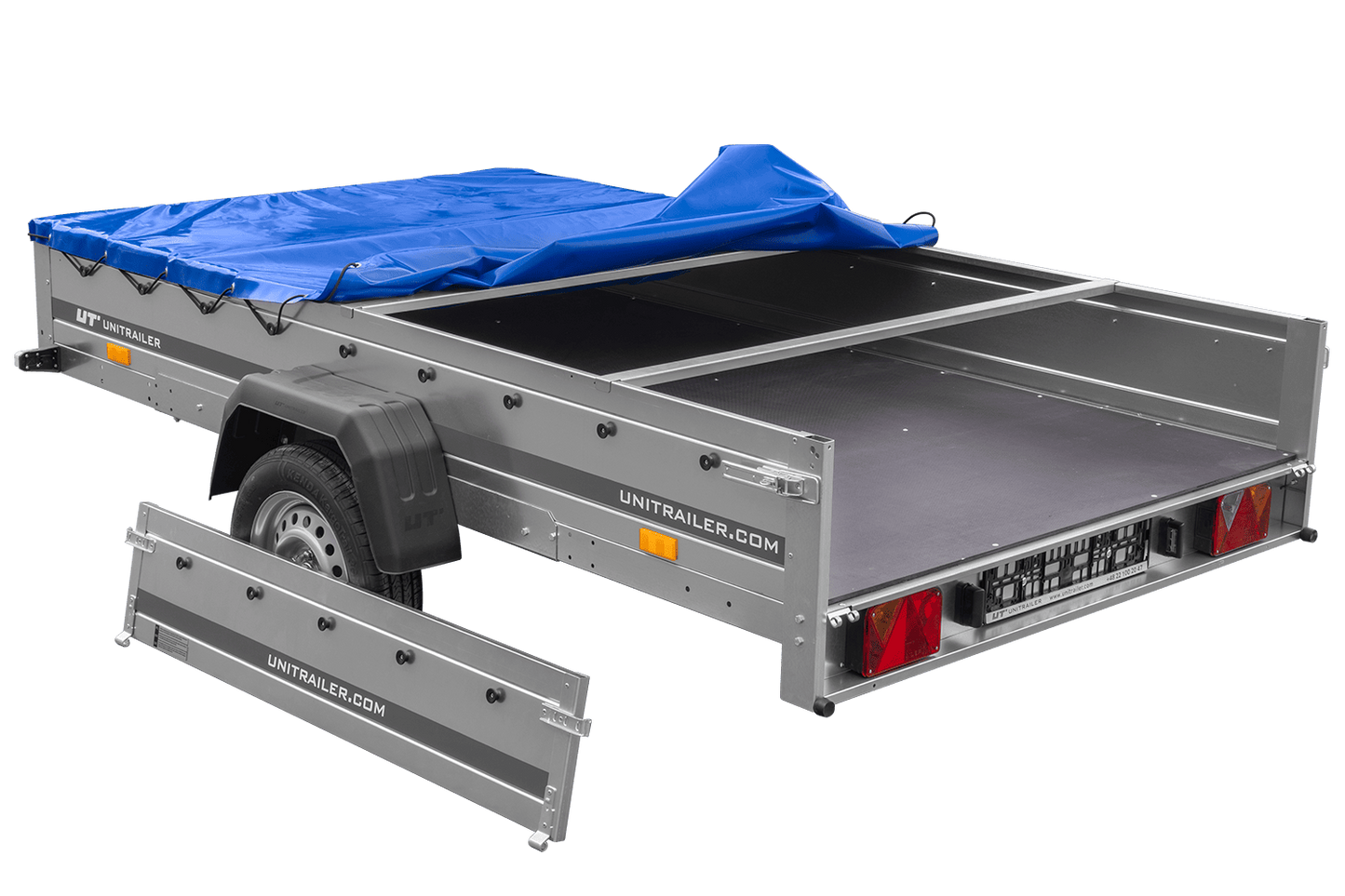 Einachsanhänger 264x150 UNITRAILER GARDEN 265 KIPP mit einem Flachplanenträger und blauer Plane