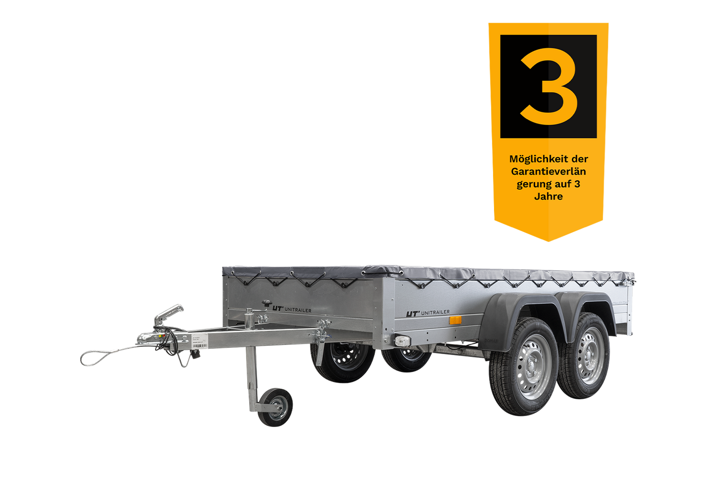 GARDEN TRAILER 264/2 KIPP MIT STÜTZRAD, GRAUE FLACHPLANE UND PLANENTRÄGER