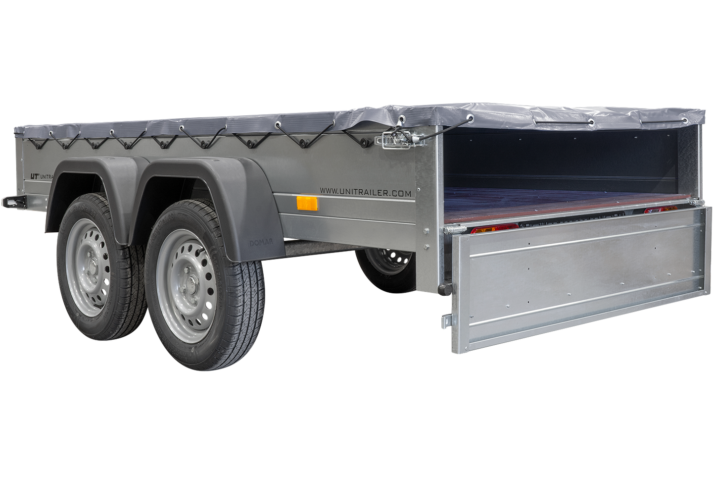 GARDEN TRAILER 264/2 KIPP MIT STÜTZRAD, GRAUE FLACHPLANE UND PLANENTRÄGER