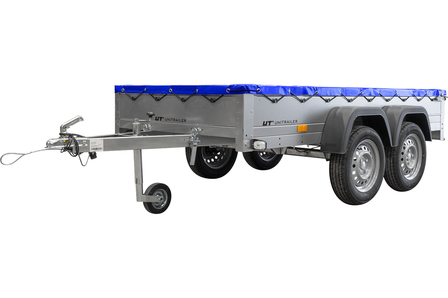 GARDEN TRAILER 264/2 KIPP MIT STÜTZRAD, PLANENTRÄGER UND BLAUER FLACHPLANE