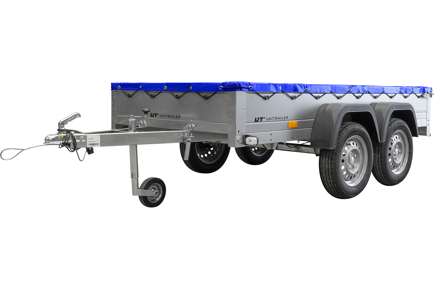GARDEN TRAILER 264/2 KIPP MIT STÜTZRAD, PLANENTRÄGER UND BLAUER FLACHPLANE