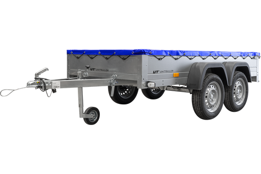 GARDEN TRAILER 264/2 KIPP MIT STÜTZRAD, PLANENTRÄGER UND BLAUER FLACHPLANE