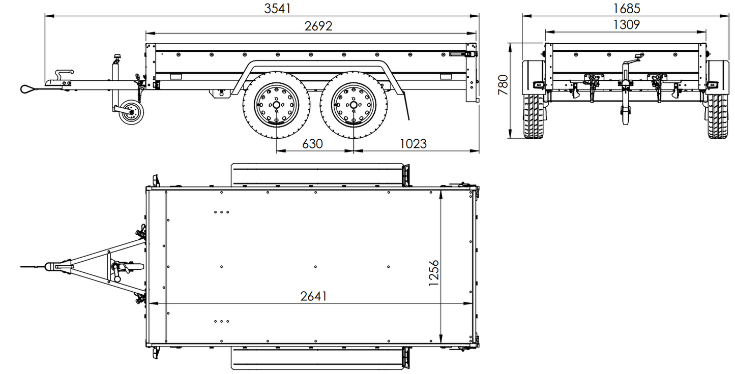 GARDEN TRAILER 264/2 KIPP MIT STÜTZRAD, PLANENTRÄGER UND BLAUER FLACHPLANE
