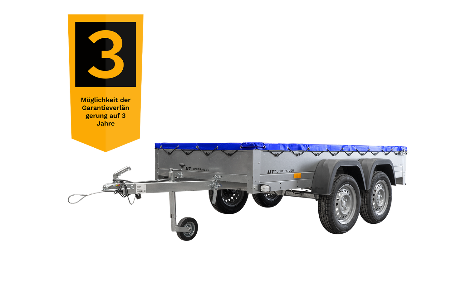 GARDEN TRAILER 264/2 KIPP MIT STÜTZRAD, PLANENTRÄGER UND BLAUER FLACHPLANE