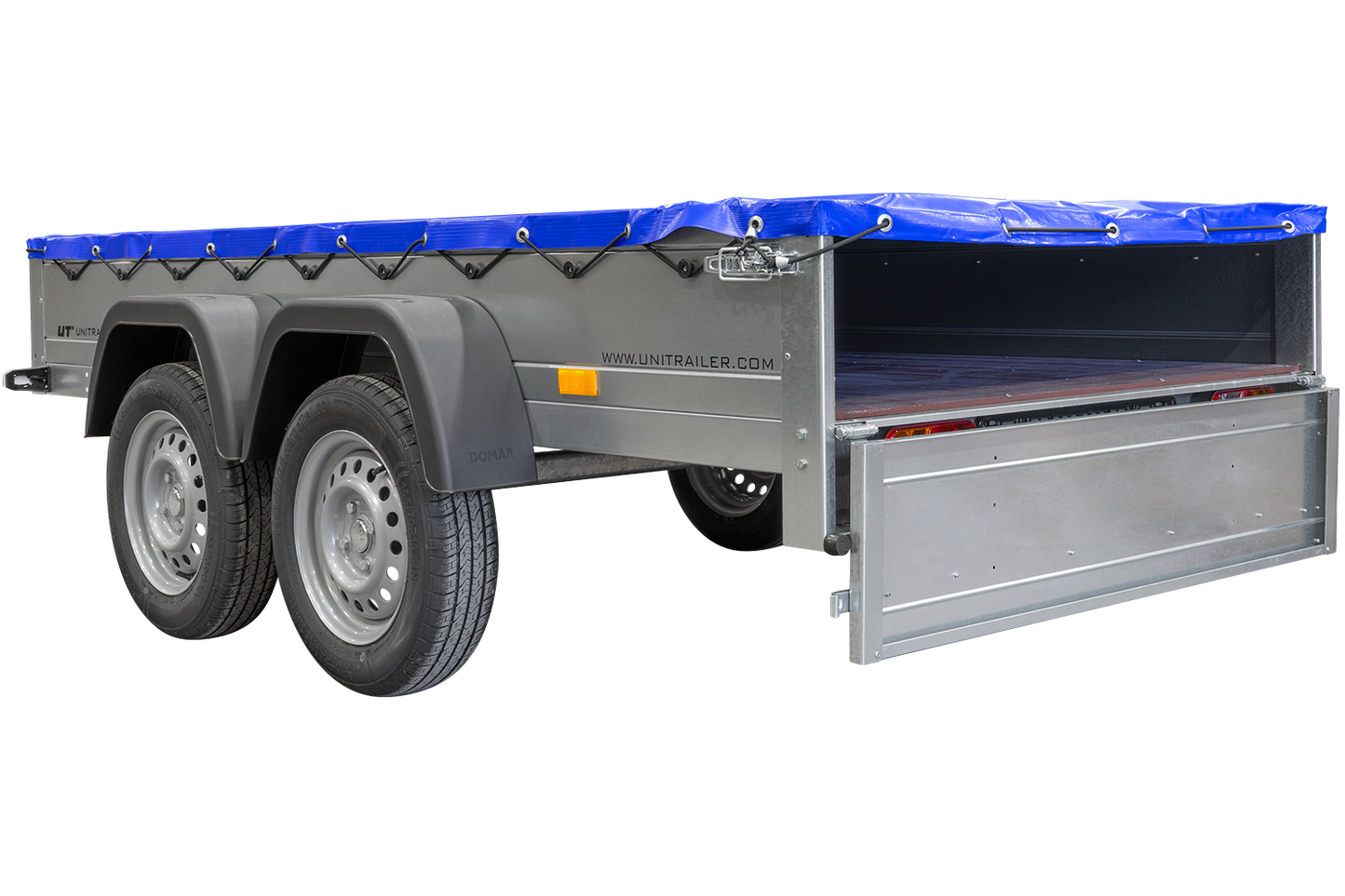 GARDEN TRAILER 264/2 KIPP MIT STÜTZRAD, PLANENTRÄGER UND BLAUER FLACHPLANE