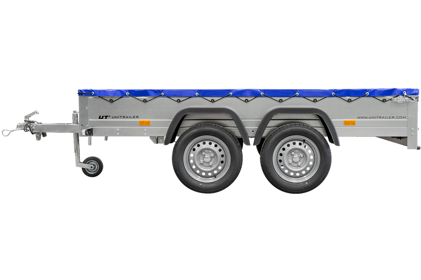 GARDEN TRAILER 264/2 KIPP MIT STÜTZRAD, PLANENTRÄGER UND BLAUER FLACHPLANE