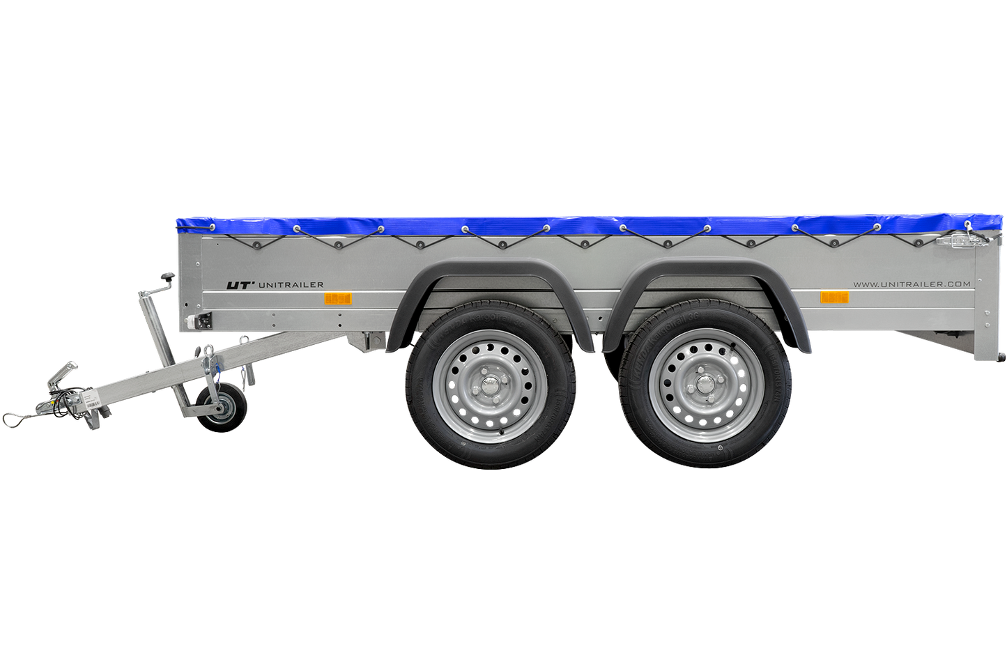 GARDEN TRAILER 264/2 KIPP MIT STÜTZRAD, PLANENTRÄGER UND BLAUER FLACHPLANE
