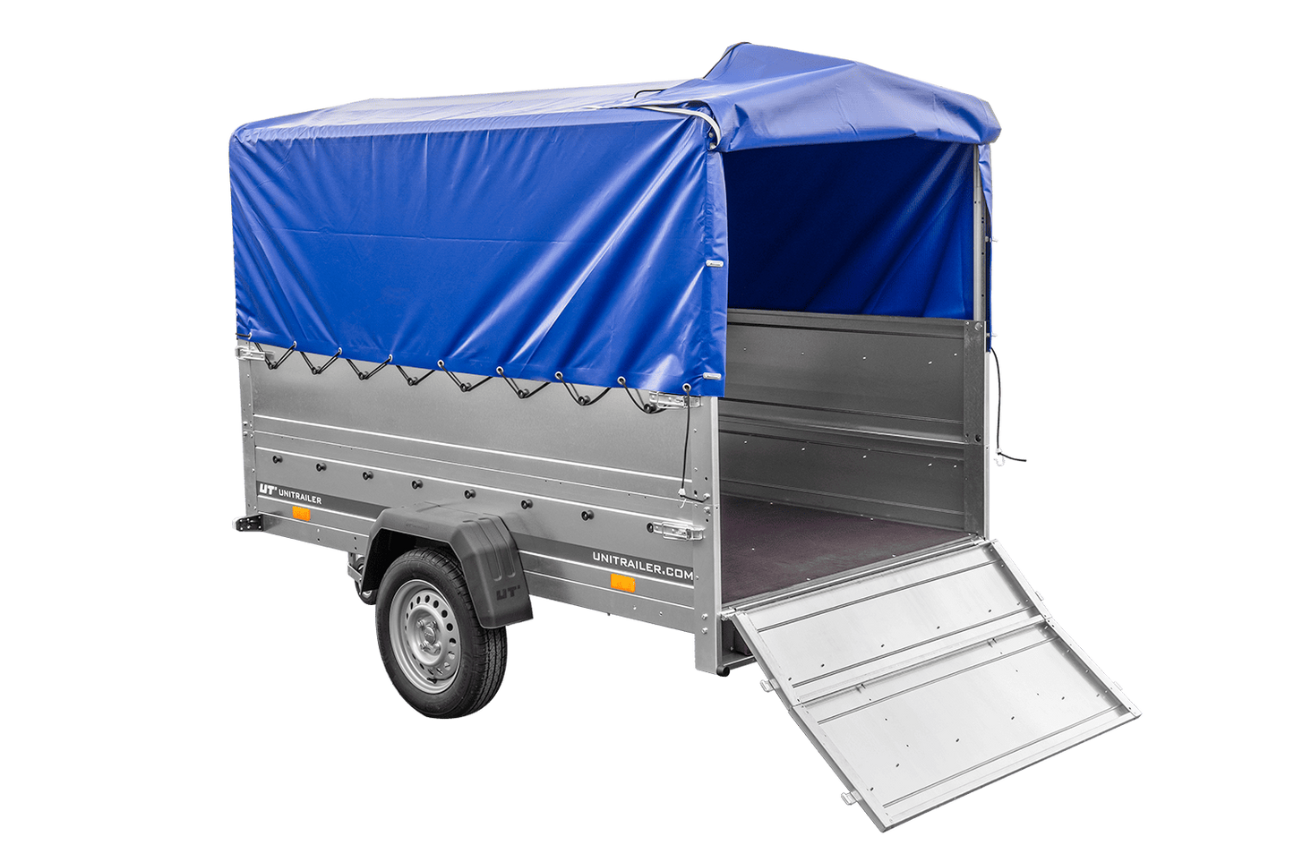 PKW-Anhänger 230x125 UNITRAILER GARDEN 230 FD mit BIS-Bordwänden, H-800-Gestell und blauer Plane
