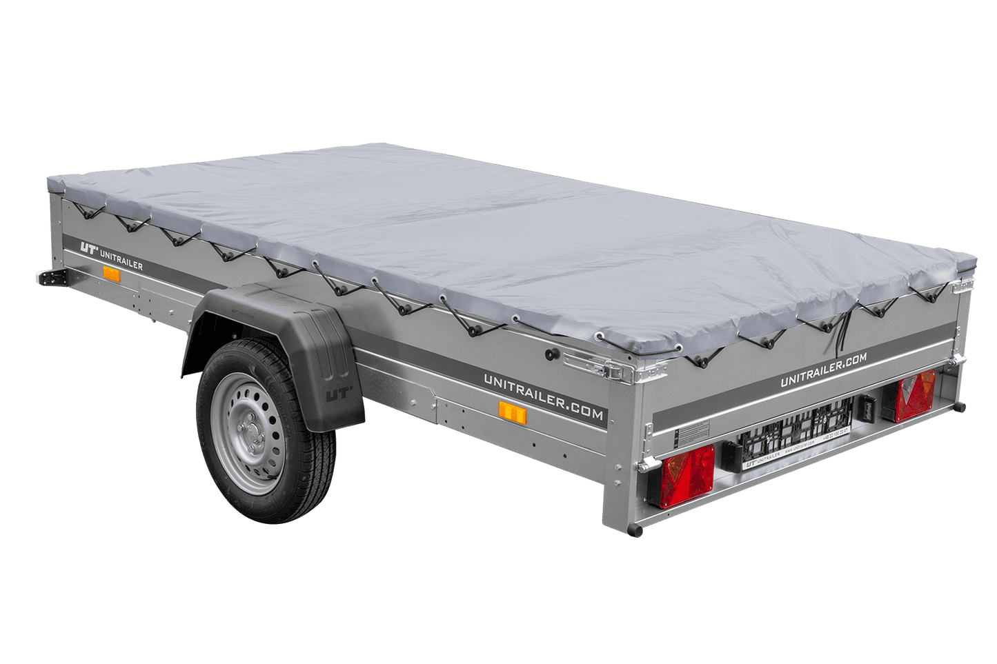 PKW Anhänger 264x150 UNITRAILER GARDEN 265 KIPP mit Flachplanenträger und grauer Plane