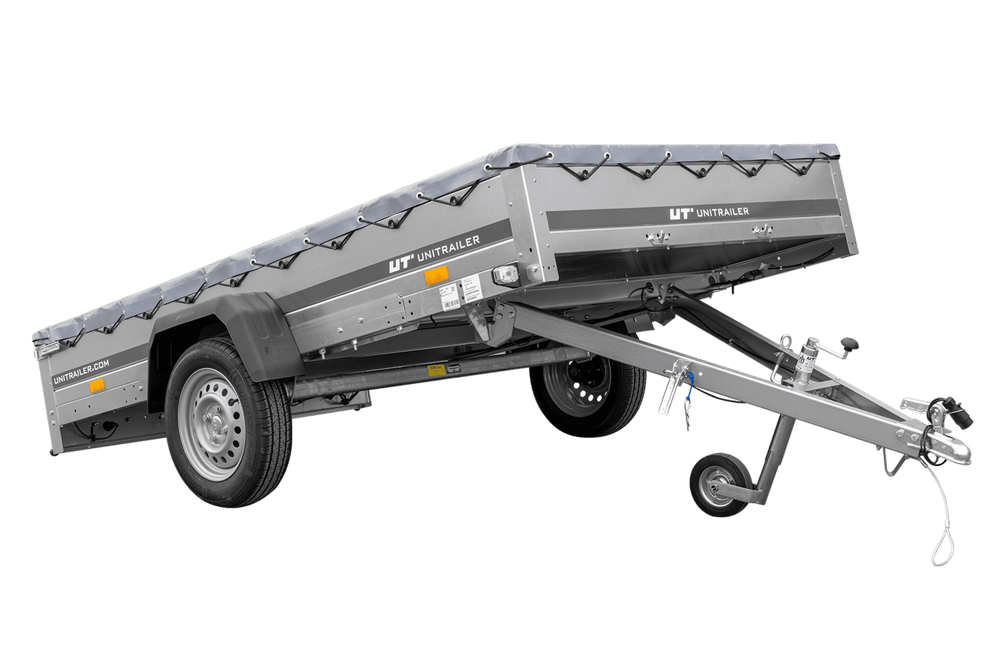 PKW Anhänger 264x150 UNITRAILER GARDEN 265 KIPP mit Flachplanenträger und grauer Plane