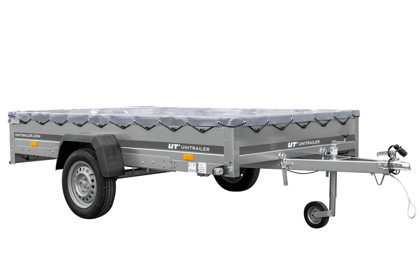 PKW Anhänger 264x150 UNITRAILER GARDEN 265 KIPP mit Flachplanenträger und grauer Plane