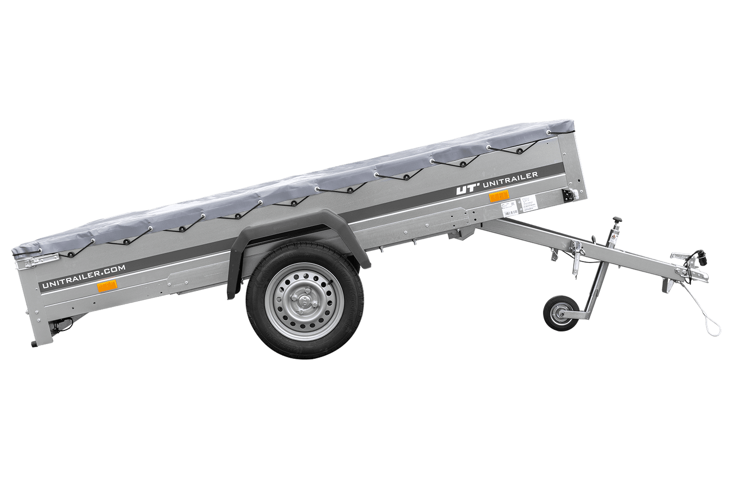 PKW Anhänger 264x150 UNITRAILER GARDEN 265 KIPP mit Flachplanenträger und grauer Plane