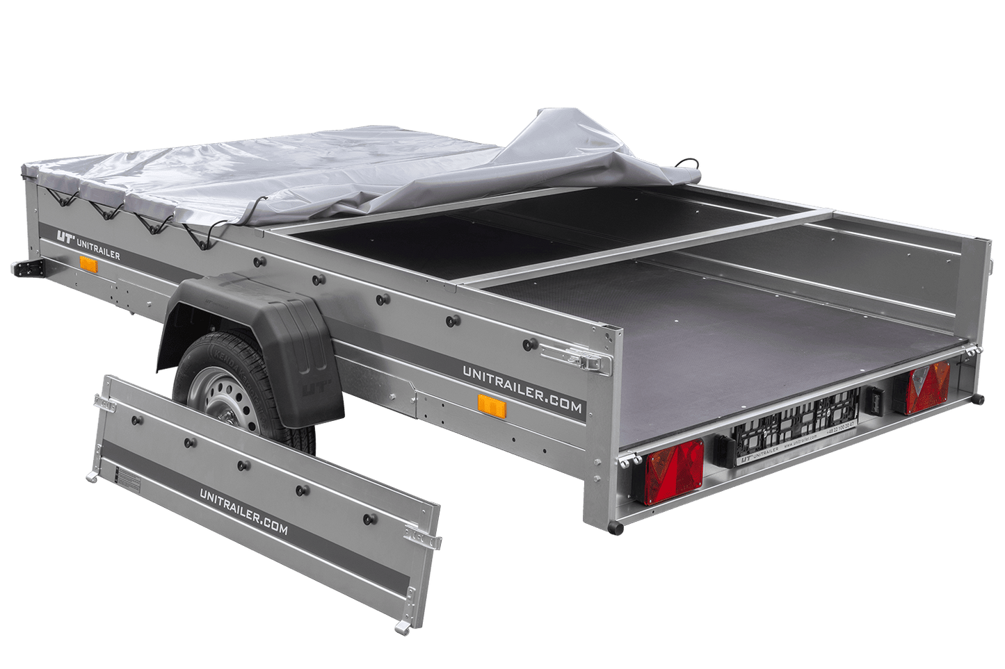 PKW Anhänger 264x150 UNITRAILER GARDEN 265 KIPP mit Flachplanenträger und grauer Plane
