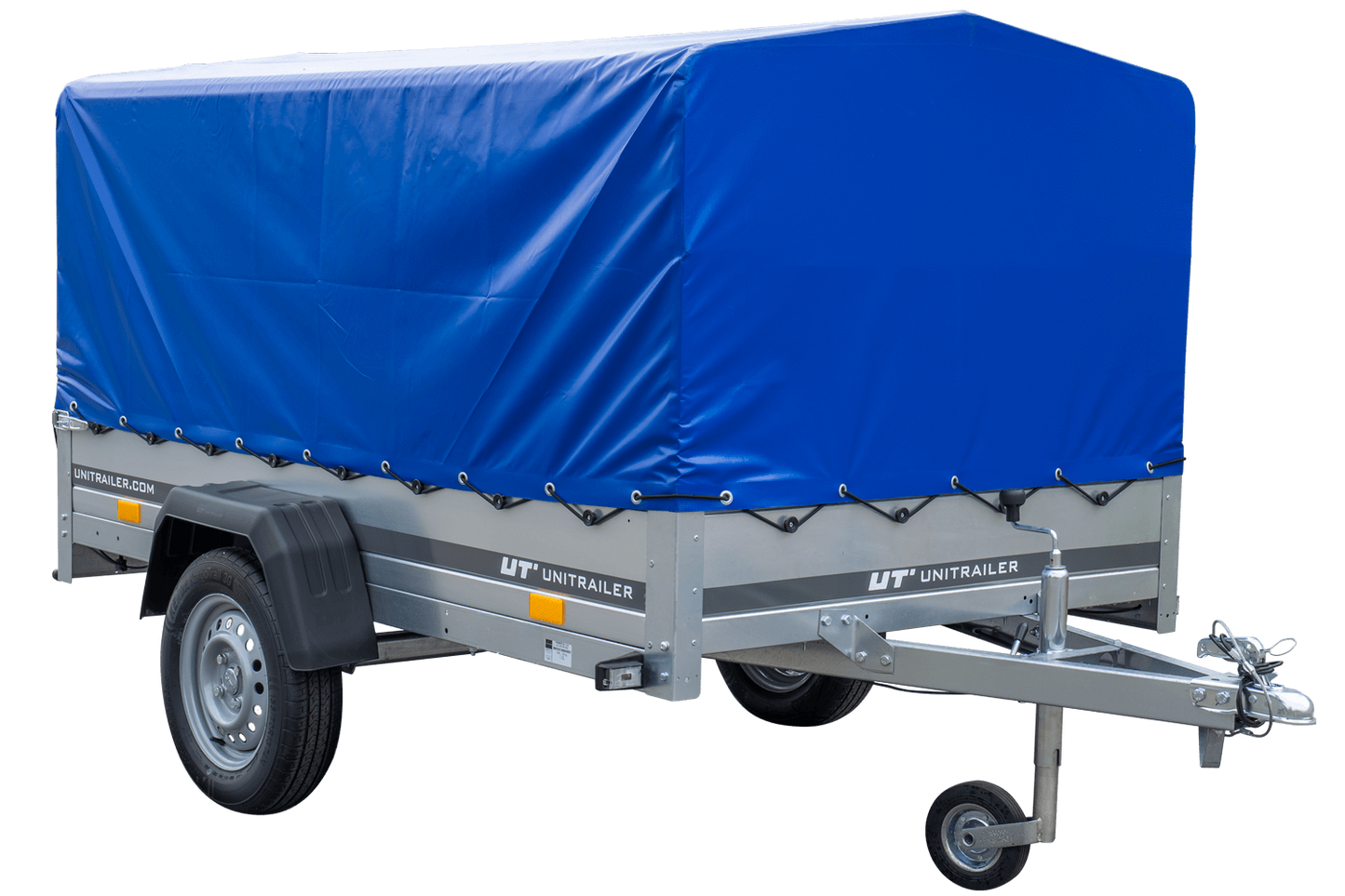 PKW-Anhänger GARDEN TRAILER 230 FD mit Stützrad, 80 cm hohem Spriegel und blauer Plane