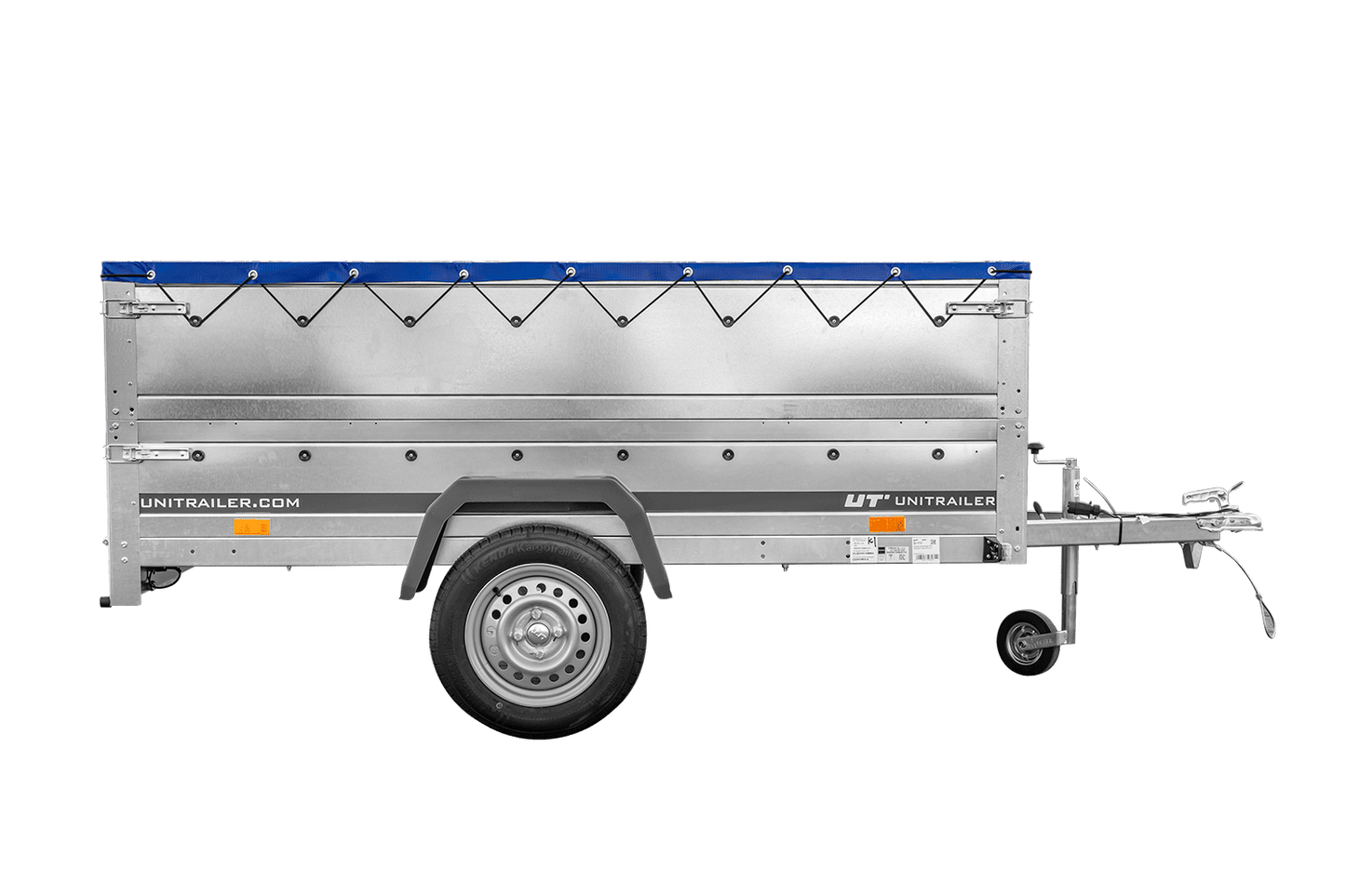 Unitrailer GARDEN TRAILER 230 FD Pkw-Anhänger mit Stützrad, zusätzlichen Bordwänden und blauer Plane