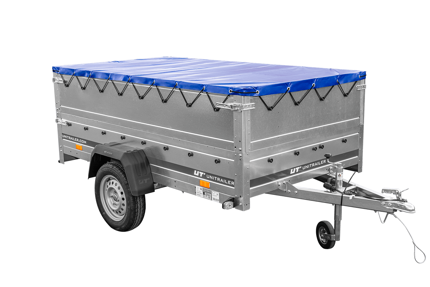 Unitrailer GARDEN TRAILER 230 FD Pkw-Anhänger mit Stützrad, zusätzlichen Bordwänden und blauer Plane