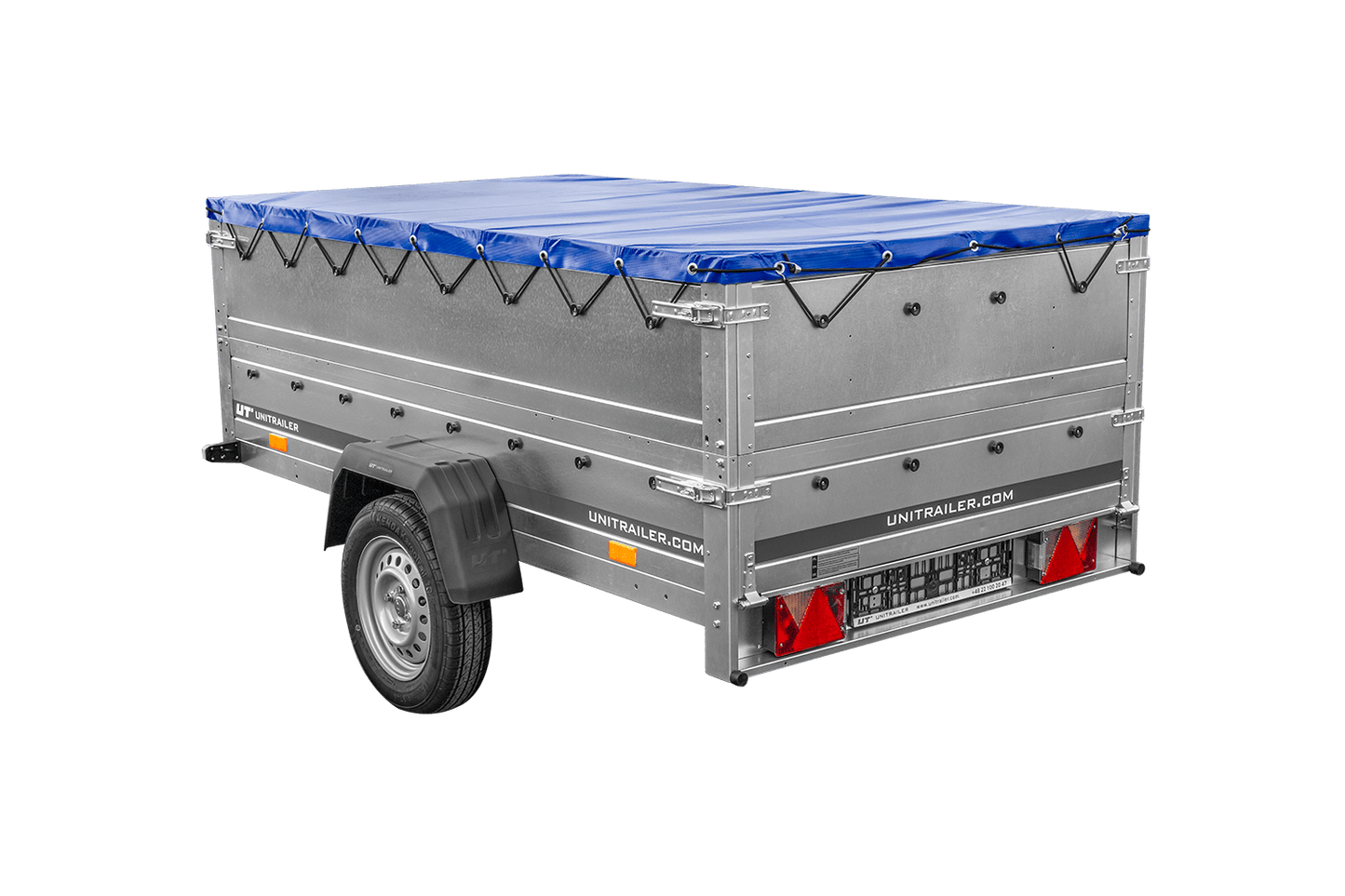 Unitrailer GARDEN TRAILER 230 FD Pkw-Anhänger mit Stützrad, zusätzlichen Bordwänden und blauer Plane