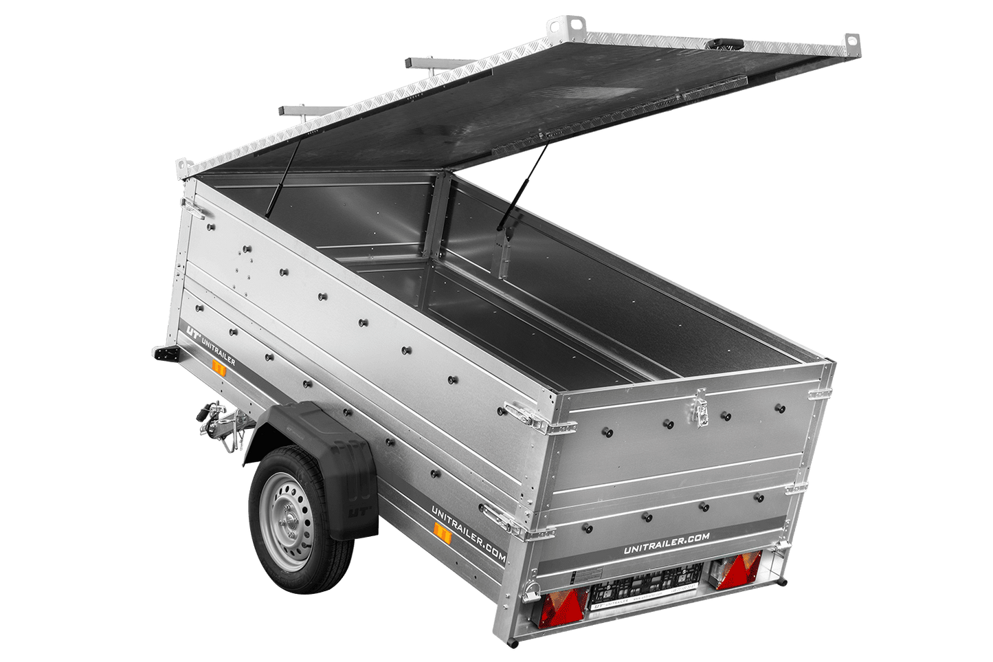 Einachsiger Anhänger 230x125 UNITRAILER GARDEN 230 KIPP mit Bordwandaufsatz und Aludeckel