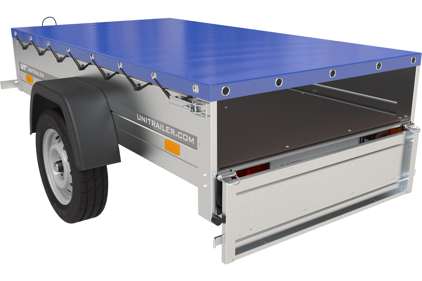 Gartenanhänger 200 Kipp mit Stützrad, H-0-Rahmen und blauer Plane