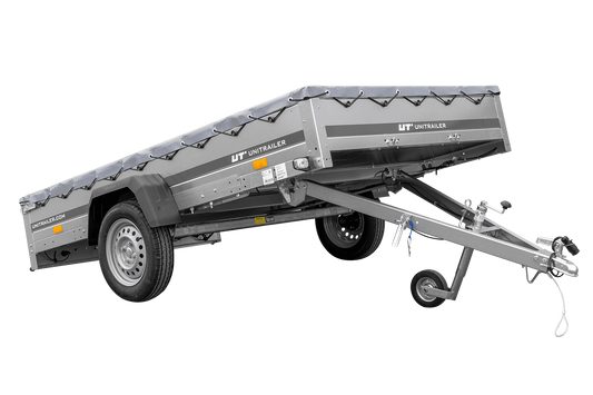 PKW Anhänger 264x150 UNITRAILER GARDEN 265 KIPP mit Flachplanenträger und grauer Plane