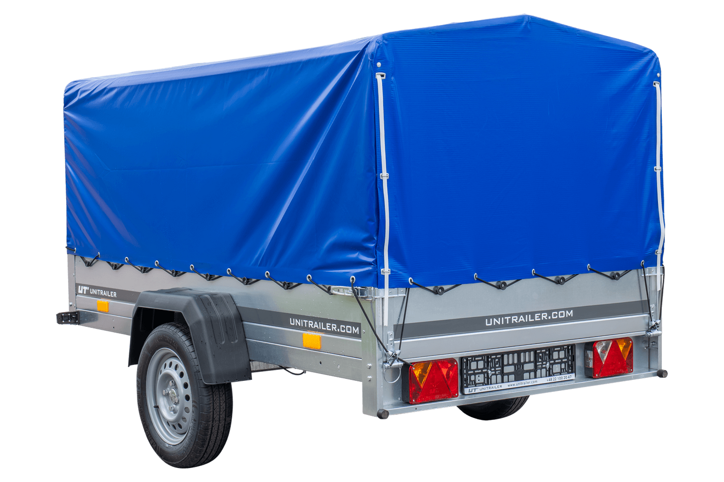 PKW-Anhänger GARDEN TRAILER 230 FD mit Stützrad, 80 cm hohem Spriegel und blauer Plane