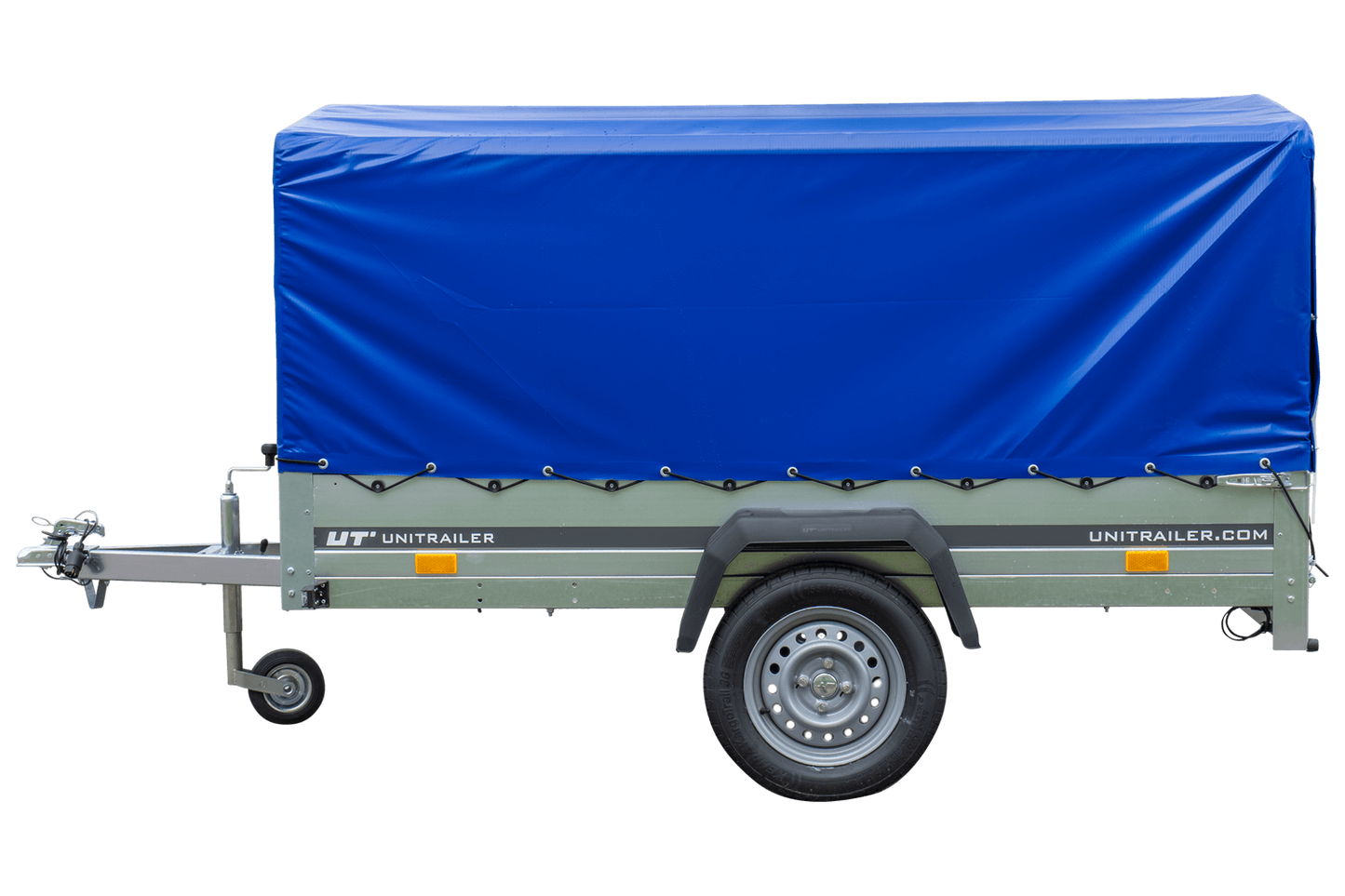 PKW-Anhänger GARDEN TRAILER 230 FD mit Stützrad, 80 cm hohem Spriegel und blauer Plane